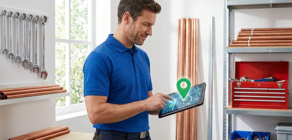 Plombier utilisant une tablette numérique avec un pointeur de géolocalisation pour gérer ses interventions.
