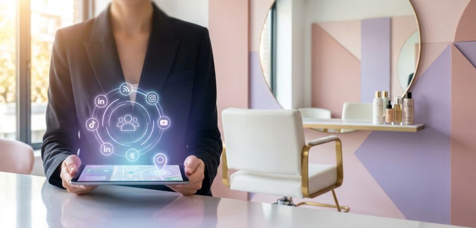Une personne en tailleur tient une tablette avec des icônes de réseaux sociaux en hologramme dans un salon de beauté.