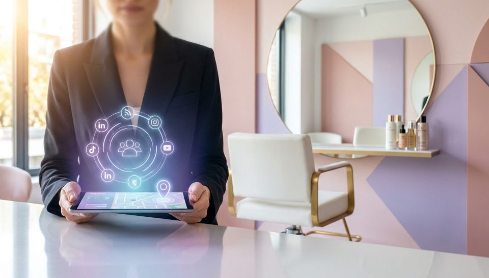 Une personne en tailleur tient une tablette avec des icônes de réseaux sociaux en hologramme dans un salon de beauté.