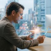 Un professionnel analysant des données marketing sur une tablette holographique transparente dans un bureau moderne.