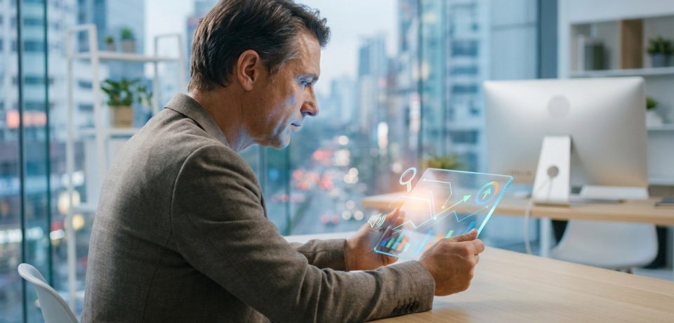 Un professionnel analysant des données marketing sur une tablette holographique transparente dans un bureau moderne.