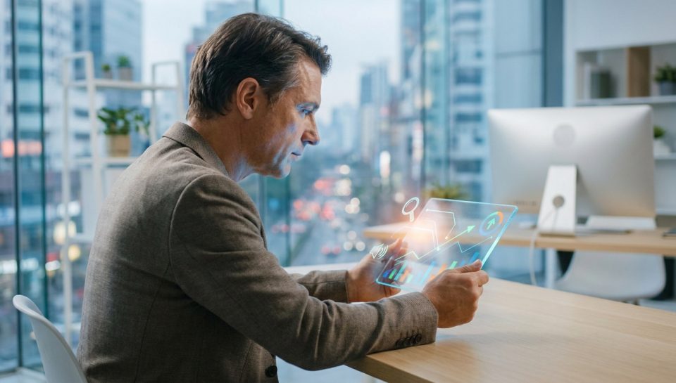 Un professionnel analysant des données marketing sur une tablette holographique transparente dans un bureau moderne.