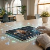 Mains avec gants manipulant une tablette avec des icônes numériques projetées sur une table de bureau.