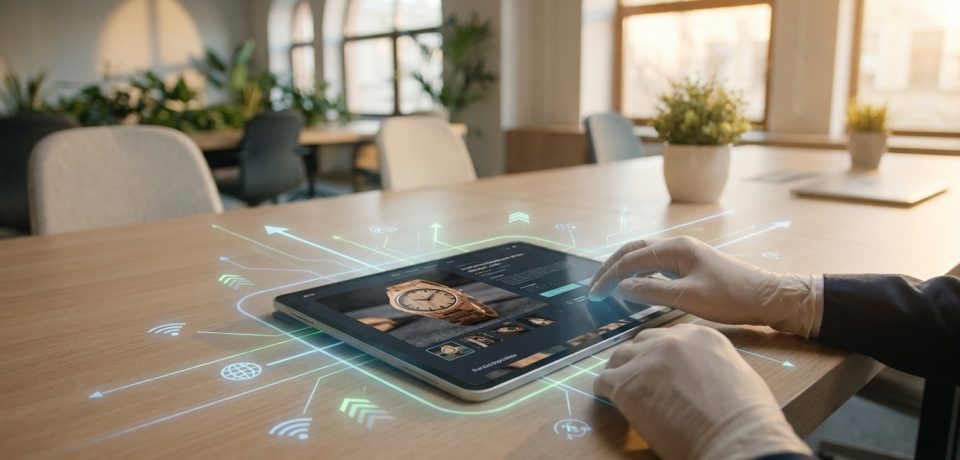 Mains avec gants manipulant une tablette avec des icônes numériques projetées sur une table de bureau.