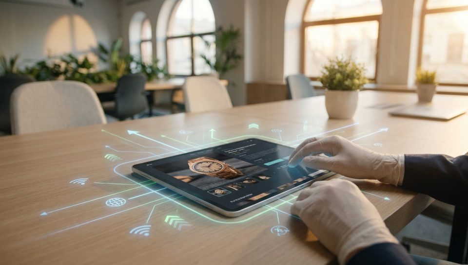 Mains avec gants manipulant une tablette avec des icônes numériques projetées sur une table de bureau.