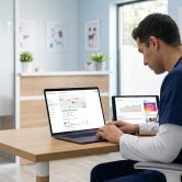 Un vétérinaire utilisant un ordinateur pour gérer la présence numérique et les avis Google de sa clinique.