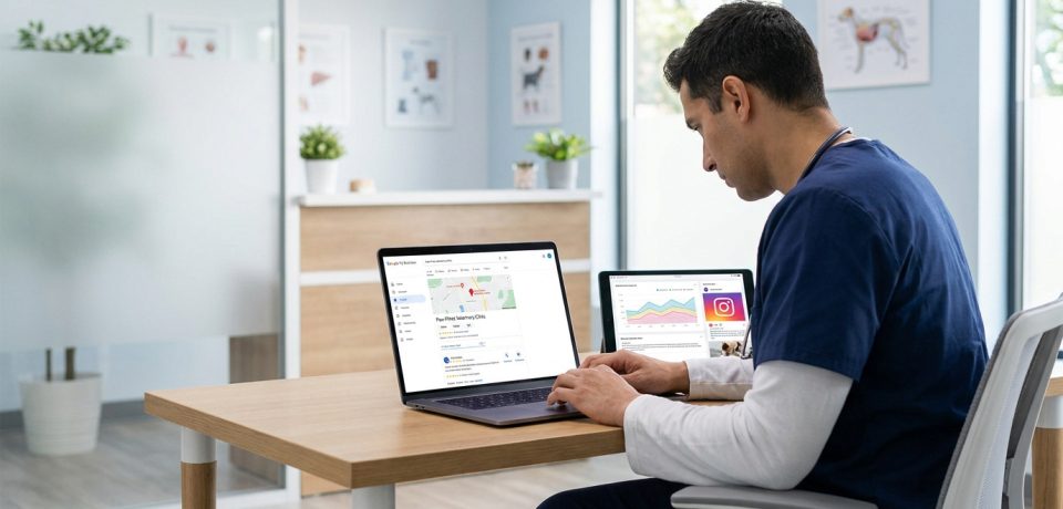 Un vétérinaire utilisant un ordinateur pour gérer la présence numérique et les avis Google de sa clinique.