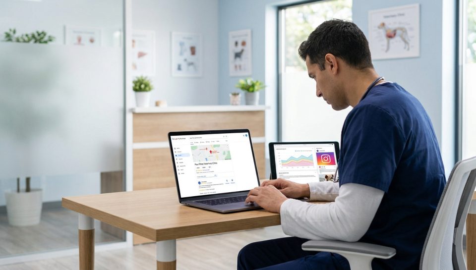 Un vétérinaire utilisant un ordinateur pour gérer la présence numérique et les avis Google de sa clinique.