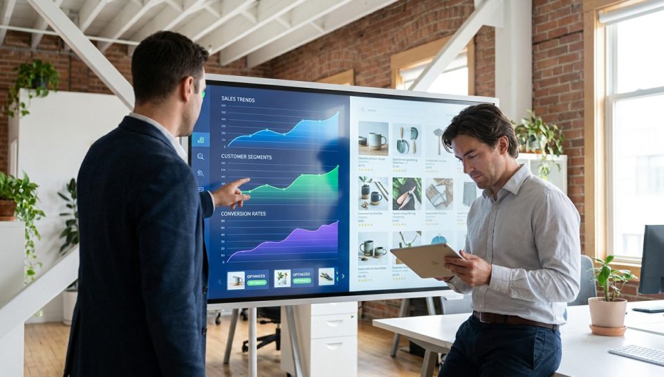 Deux professionnels analysant des graphiques de ventes et de conversion sur un écran tactile dans un bureau moderne.