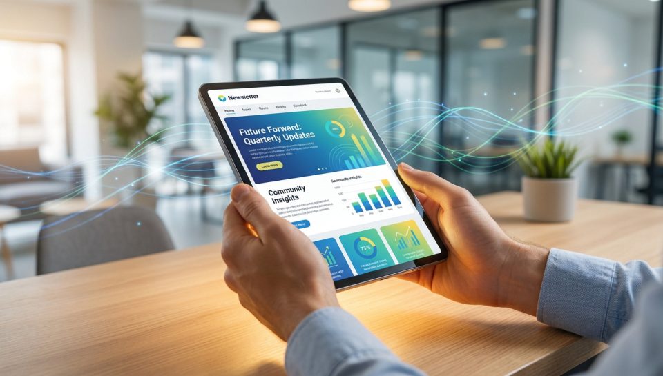 Mains tenant une tablette affichant une newsletter professionnelle avec des graphiques colorés et des ondes lumineuses.