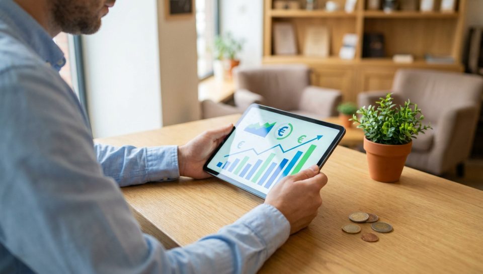 Un homme consulte des graphiques de rentabilité financière sur une tablette numérique au bureau.