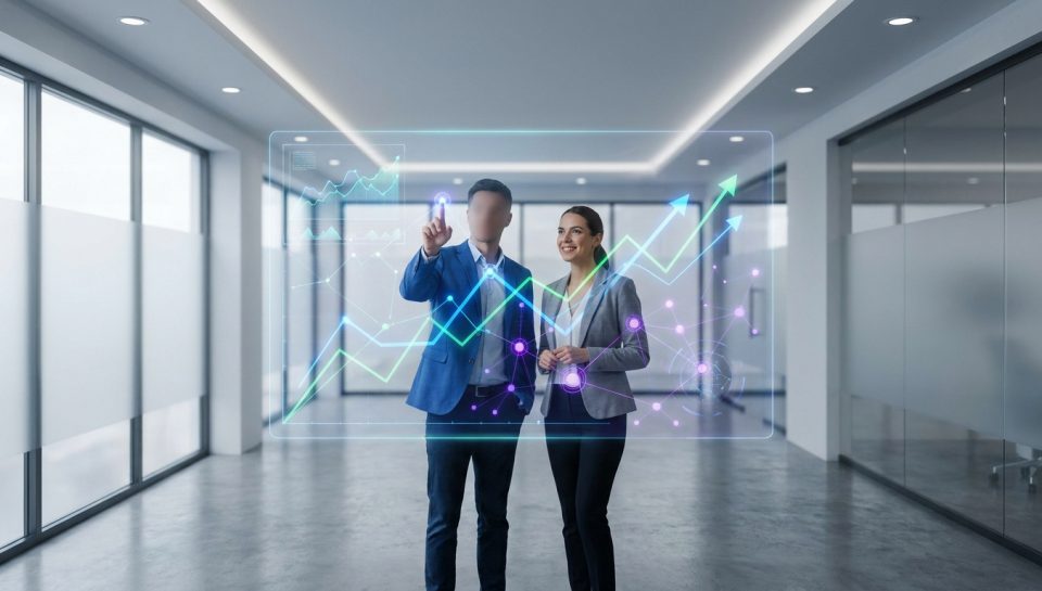 Un homme et une femme dans un bureau moderne interagissant avec un écran holographique affichant des données de croissance.