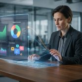 Une femme d'affaires analyse des données marketing via une interface holographique futuriste sur son bureau.