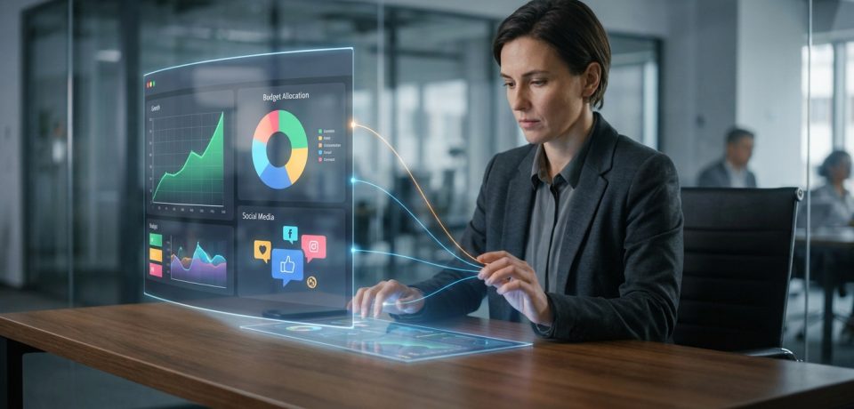 Externalisation marketing : gardez le contrôle Une femme d'affaires analyse des données marketing via une interface holographique futuriste sur son bureau.