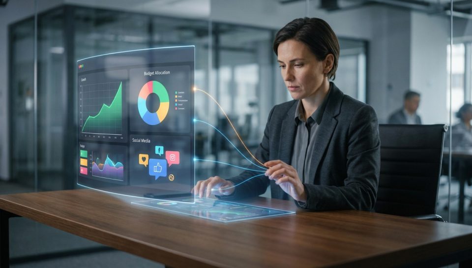 Une femme d'affaires analyse des données marketing via une interface holographique futuriste sur son bureau.