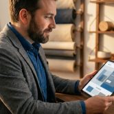 Un homme barbu travaillant sur une tablette dans un bureau moderne et chaleureux.