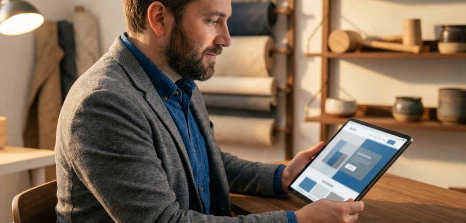 Optimisation des conversions par le copywriting Un homme barbu travaillant sur une tablette dans un bureau moderne et chaleureux.
