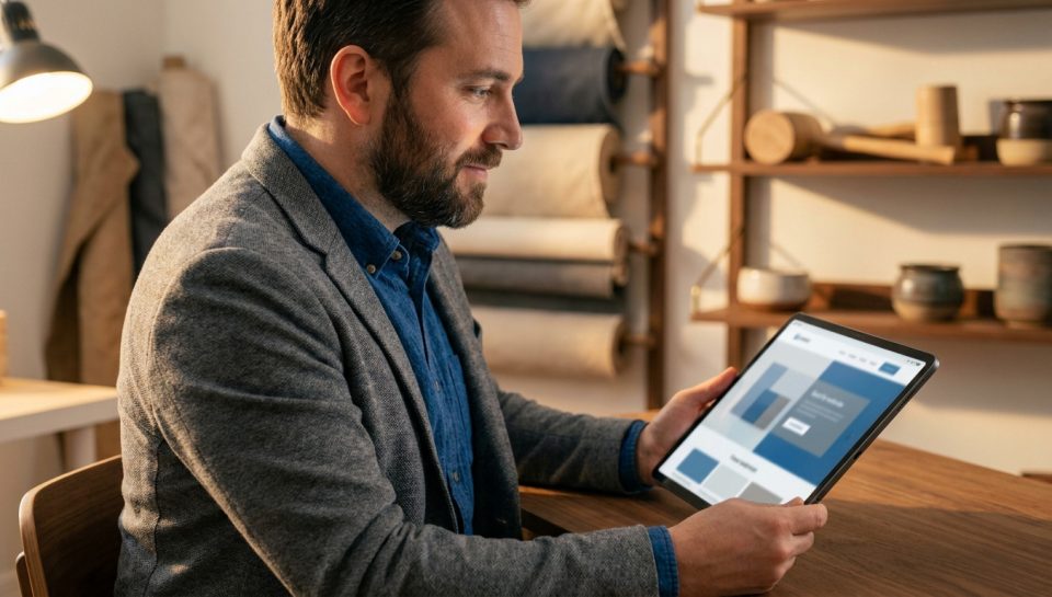 Un homme barbu travaillant sur une tablette dans un bureau moderne et chaleureux.