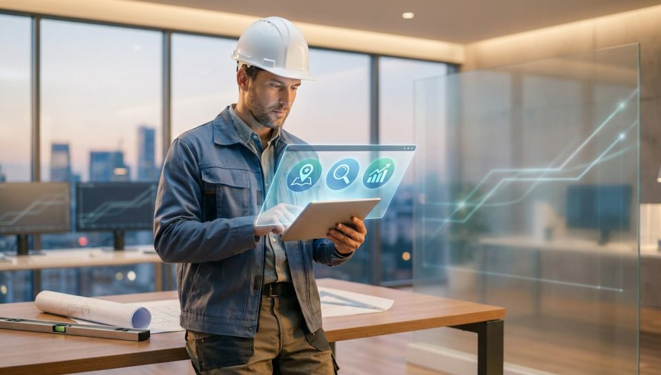 Artisan du bâtiment en casque de chantier utilisant une tablette avec des interfaces holographiques de données.