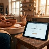 Un artisan potier travaille sur un tour pendant qu'une tablette affiche un message de confirmation de commande client.