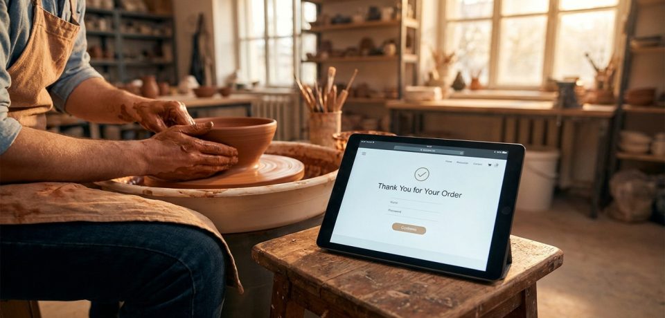 Un artisan potier travaille sur un tour pendant qu'une tablette affiche un message de confirmation de commande client.