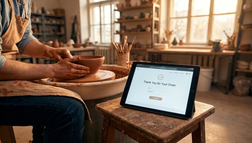 Un artisan potier travaille sur un tour pendant qu'une tablette affiche un message de confirmation de commande client.
