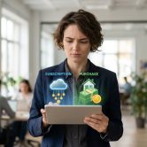 Une femme hésite devant une tablette affichant les choix "abonnement" et "achat" de site web.