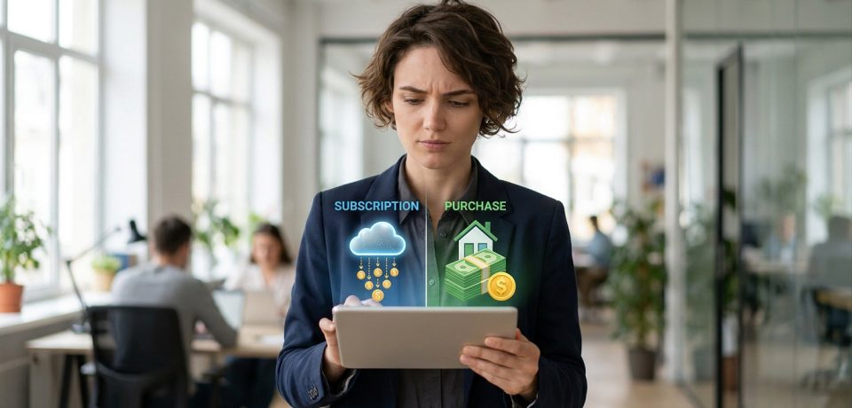 Une femme hésite devant une tablette affichant les choix "abonnement" et "achat" de site web.