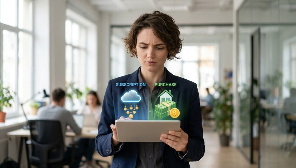 Une femme hésite devant une tablette affichant les choix "abonnement" et "achat" de site web.