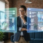 Un homme d'affaires réfléchi visualise des interfaces numériques holographiques comparant le référencement et les réseaux sociaux.