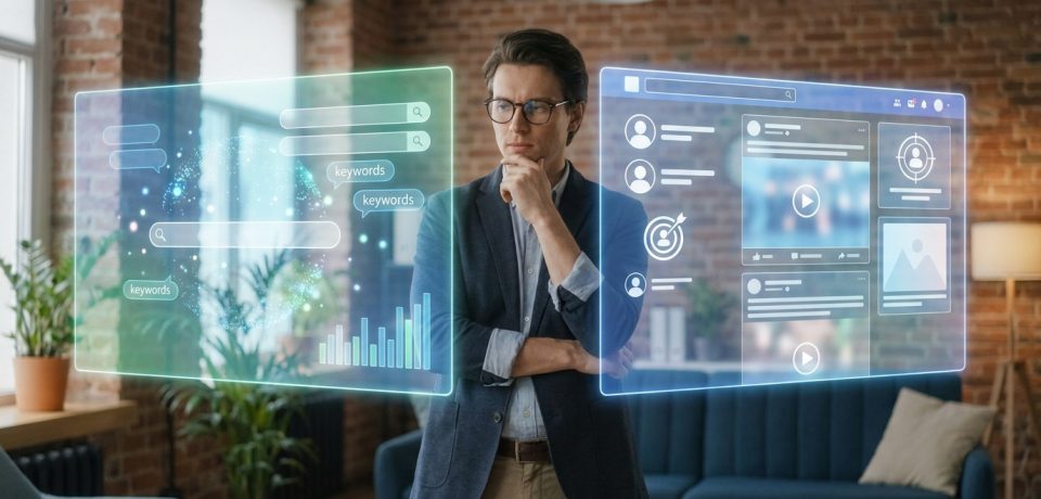 Un homme d'affaires réfléchi visualise des interfaces numériques holographiques comparant le référencement et les réseaux sociaux.
