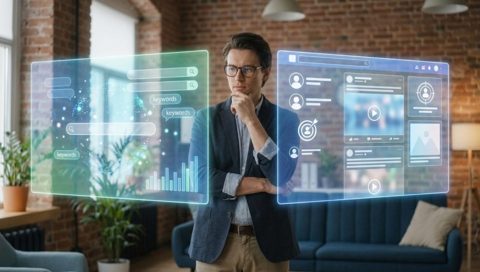Un homme d'affaires réfléchi visualise des interfaces numériques holographiques comparant le référencement et les réseaux sociaux.