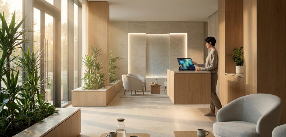 Réception lumineuse d'un spa moderne avec comptoir en bois, plantes d'intérieur et mobilier minimaliste épuré.