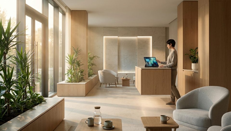 Réception lumineuse d'un spa moderne avec comptoir en bois, plantes d'intérieur et mobilier minimaliste épuré.