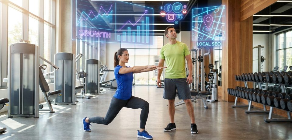 Marketing digital pour salle de sport Coach sportif observant des graphiques numériques de croissance et de SEO local au-dessus d'une cliente en salle de sport.
