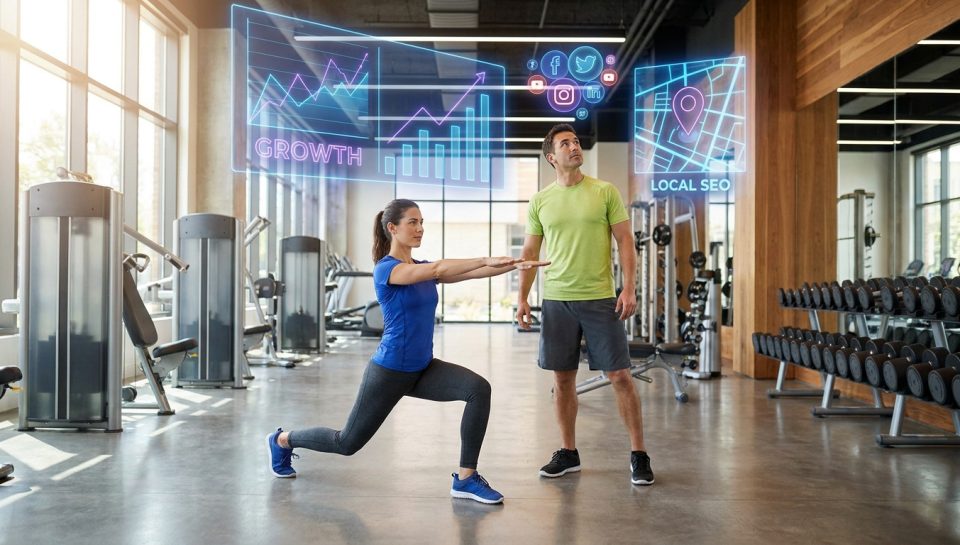Coach sportif observant des graphiques numériques de croissance et de SEO local au-dessus d'une cliente en salle de sport.