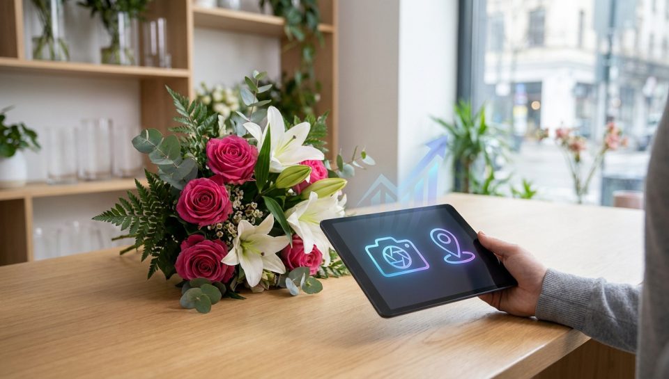 Une personne tient une tablette affichant des icônes numériques à côté d'un bouquet de fleurs dans une boutique.