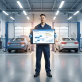 Un mécanicien tenant une tablette affichant un calendrier de rendez-vous et des avis clients dans un garage moderne.