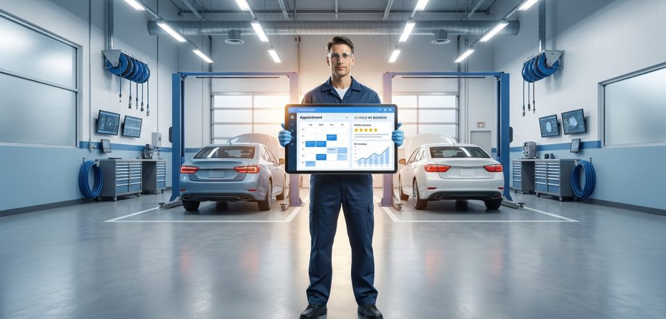 Un mécanicien tenant une tablette affichant un calendrier de rendez-vous et des avis clients dans un garage moderne.