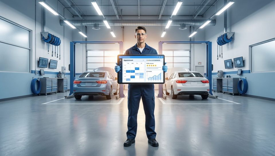 Un mécanicien tenant une tablette affichant un calendrier de rendez-vous et des avis clients dans un garage moderne.