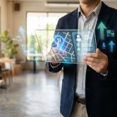 Un professionnel utilise une interface holographique affichant une carte et des données de géolocalisation pour un restaurant.