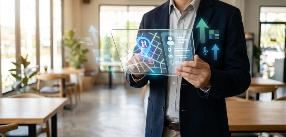 Référencement local pour restaurants en 2026 Un professionnel utilise une interface holographique affichant une carte et des données de géolocalisation pour un restaurant.