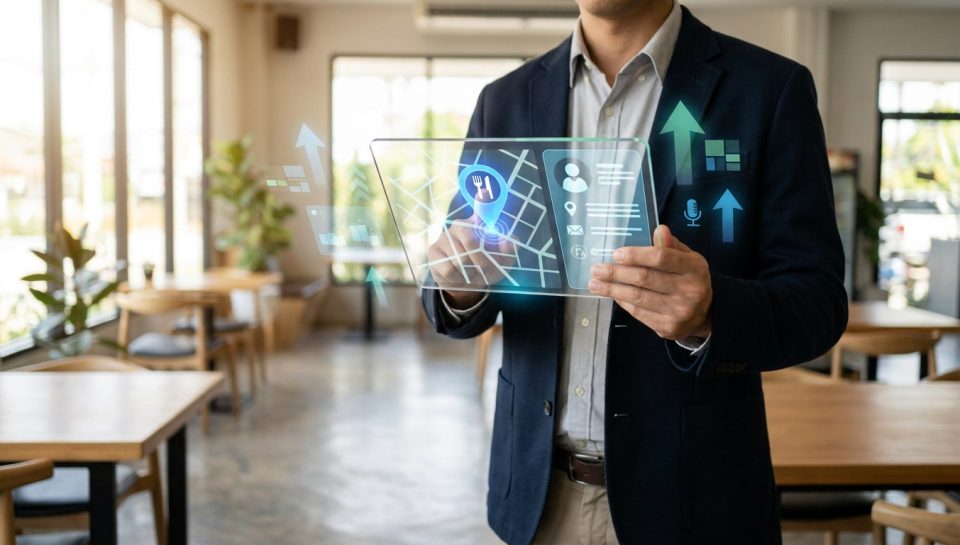 Un professionnel utilise une interface holographique affichant une carte et des données de géolocalisation pour un restaurant.