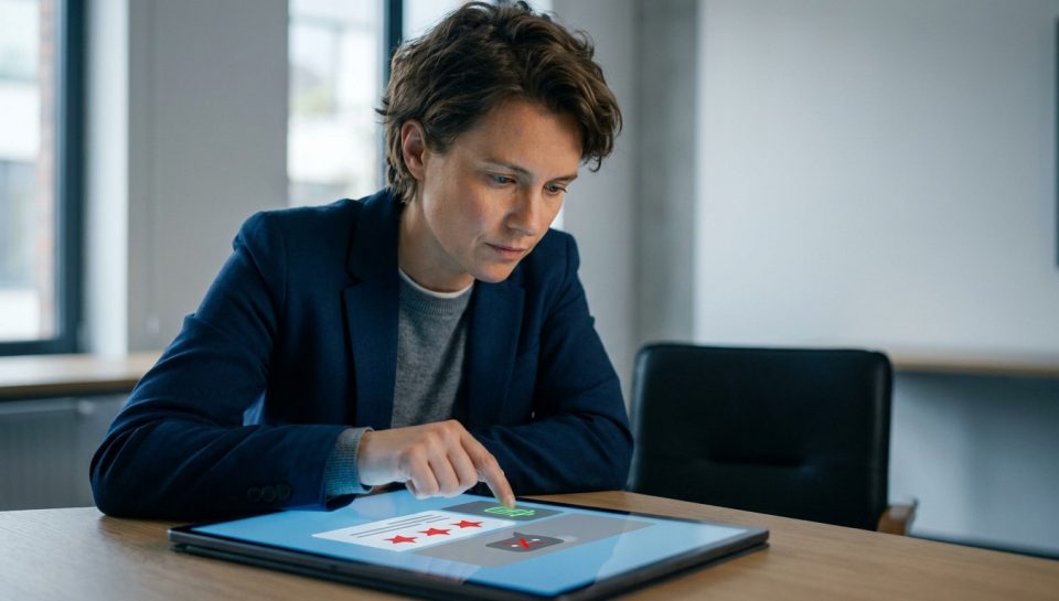 Une femme professionnelle en blazer bleu utilise une tablette pour supprimer un avis Google négatif sur son écran.