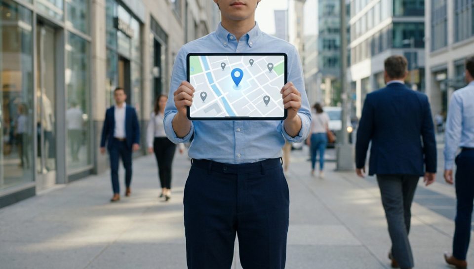 Homme en chemise bleue tenant une tablette affichant une carte avec des marqueurs de position dans une rue commerçante.