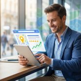 Homme d'affaires souriant consultant une fiche Google Business optimisée sur tablette numérique dans un bureau.