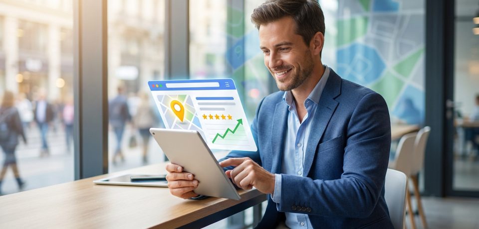 Homme d'affaires souriant consultant une fiche Google Business optimisée sur tablette numérique dans un bureau.