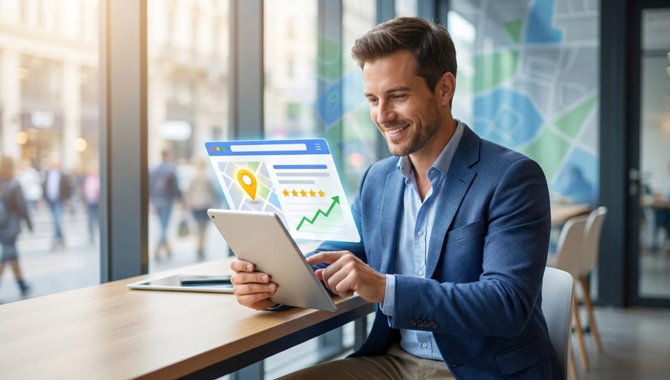 Homme d'affaires souriant consultant une fiche Google Business optimisée sur tablette numérique dans un bureau.