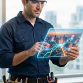 Un plombier utilise une tablette holographique affichant une carte de ville interactive pour optimiser ses interventions.