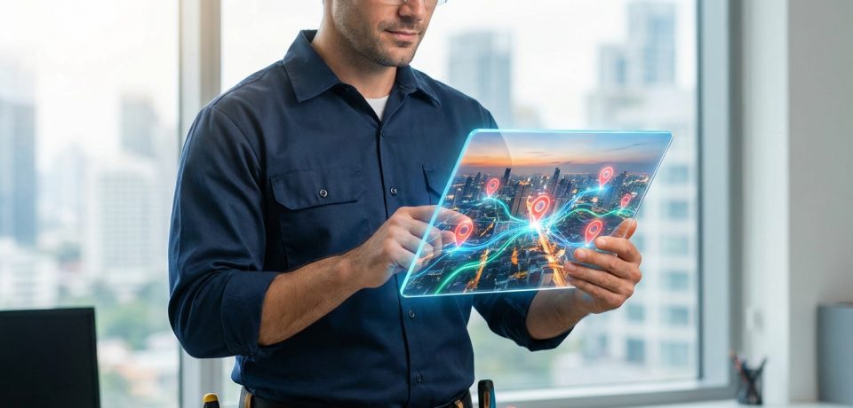 Un plombier utilise une tablette holographique affichant une carte de ville interactive pour optimiser ses interventions.
